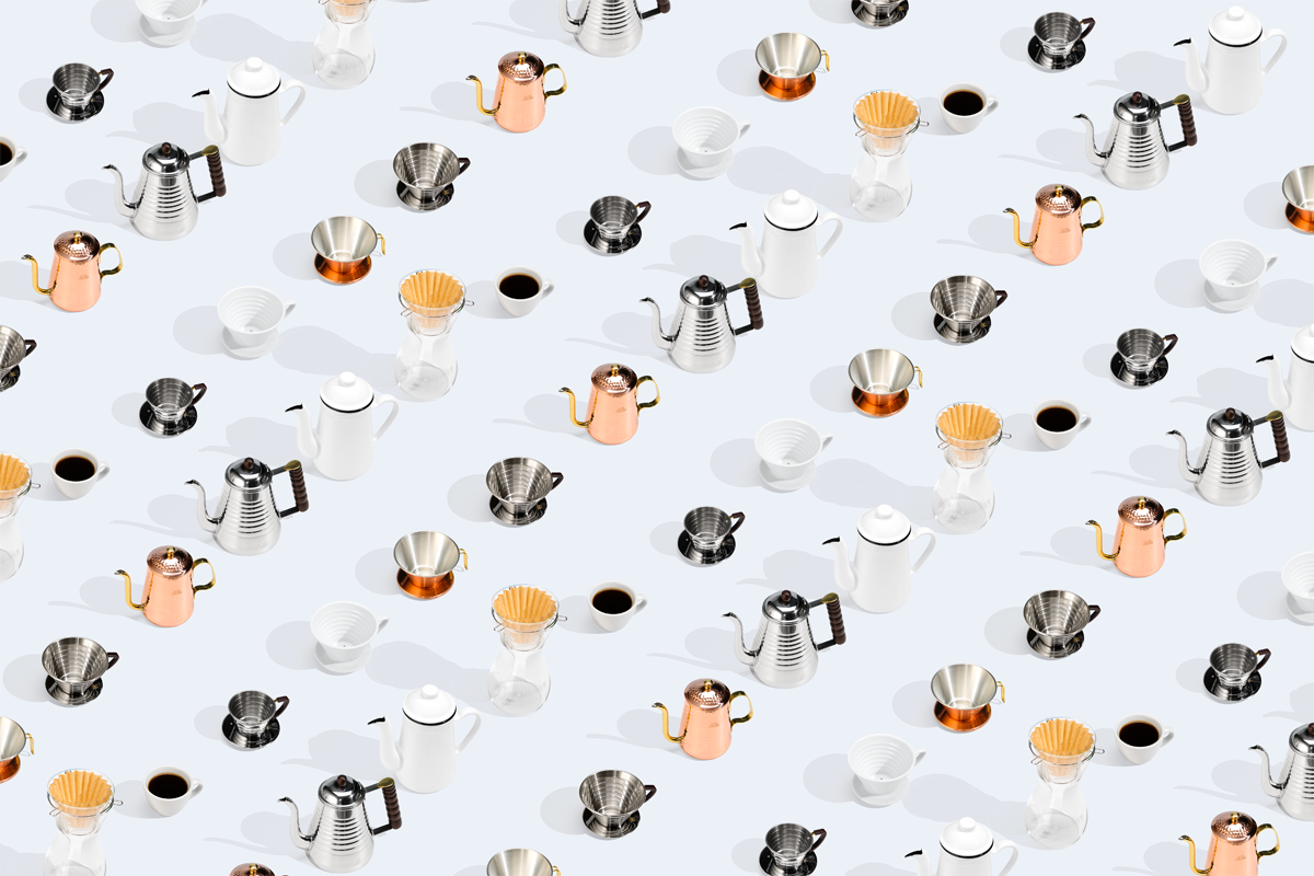 Kalita Wave Brewers and Kettles lined against a light-blue background